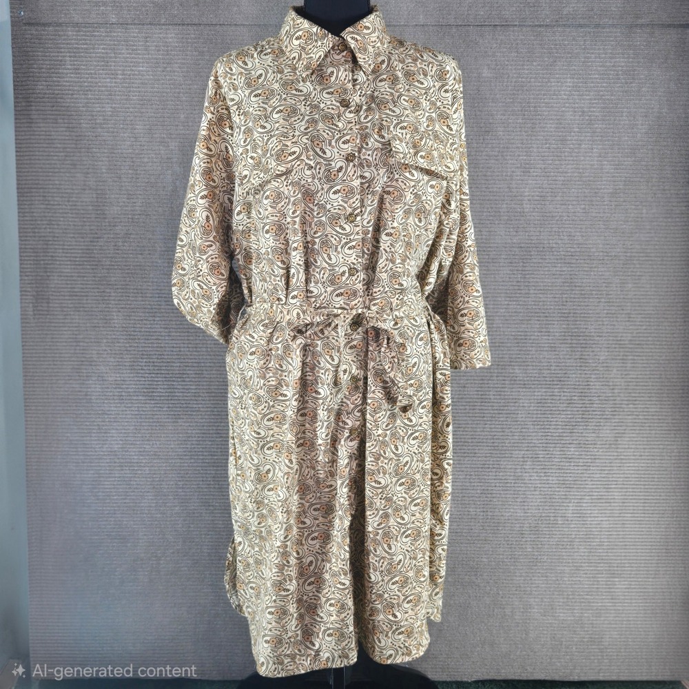 MPH Collection Women 1X Tan Paisley Button Front‎ Belted Midi Shirt Dress